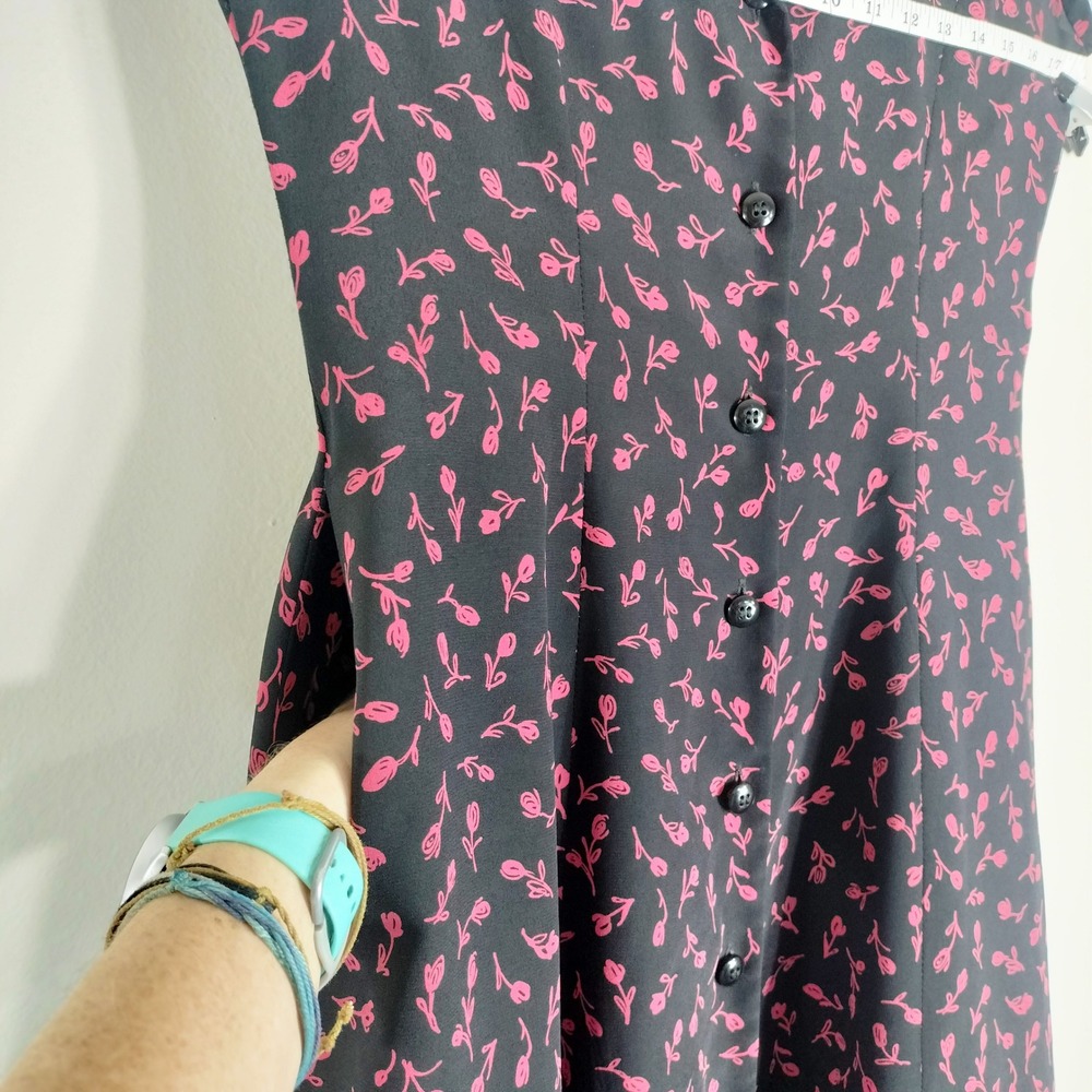 Rena Rowan Y2K 90s Black Pink Floral Dress; Sleeveless Button Down Midi - Picture 4 of 7